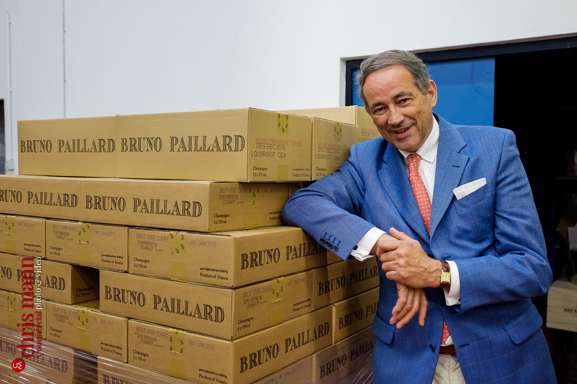 Bruno Paillard with cases of his champagne Reims Picardy France