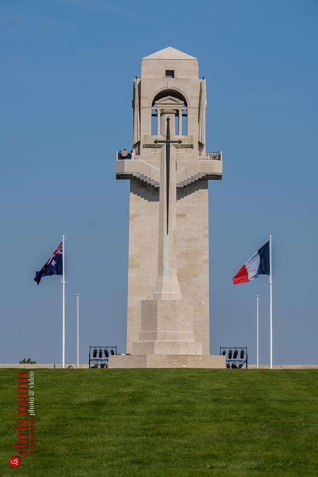 The imposing memorial cross and behind it the massive tower at the Australian War Memorial just outside Villers-Bretonneux, Aisne, France.