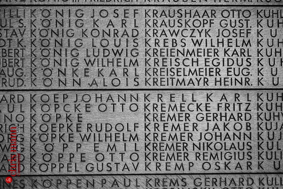 The names of missing German soldiers are carved on oak panels inside the entrance lodge of Langemark-Poelcapelle German Cemetery, West Flanders, Belgium