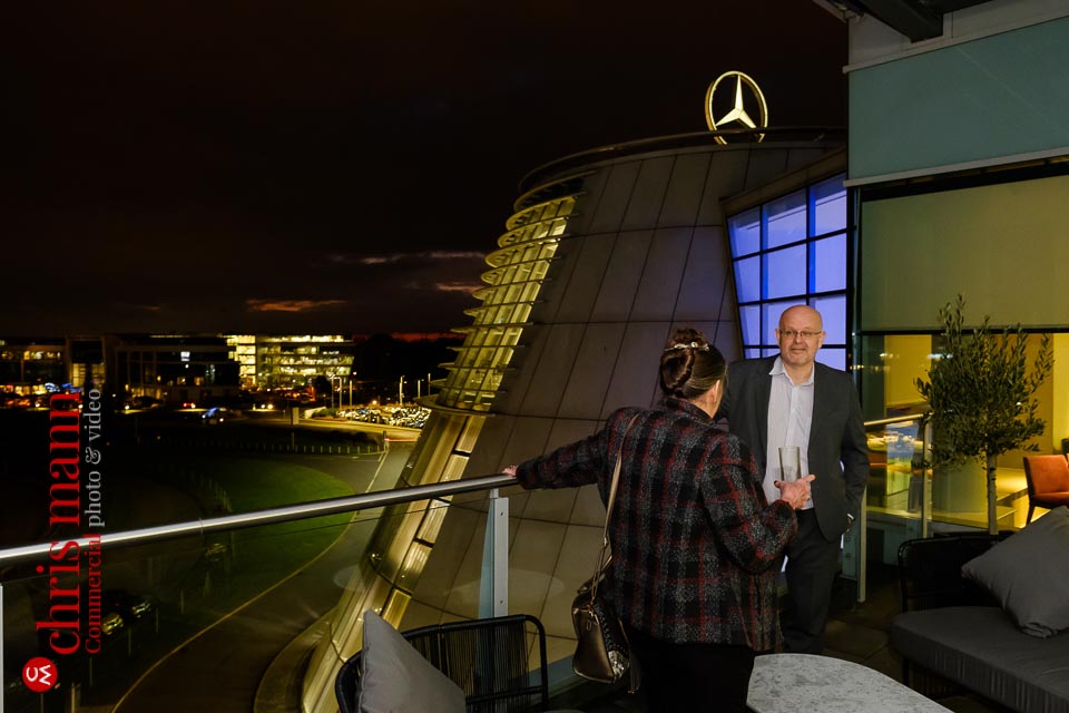 Mercedes Benz World EQ restaurant balcony terrace at night